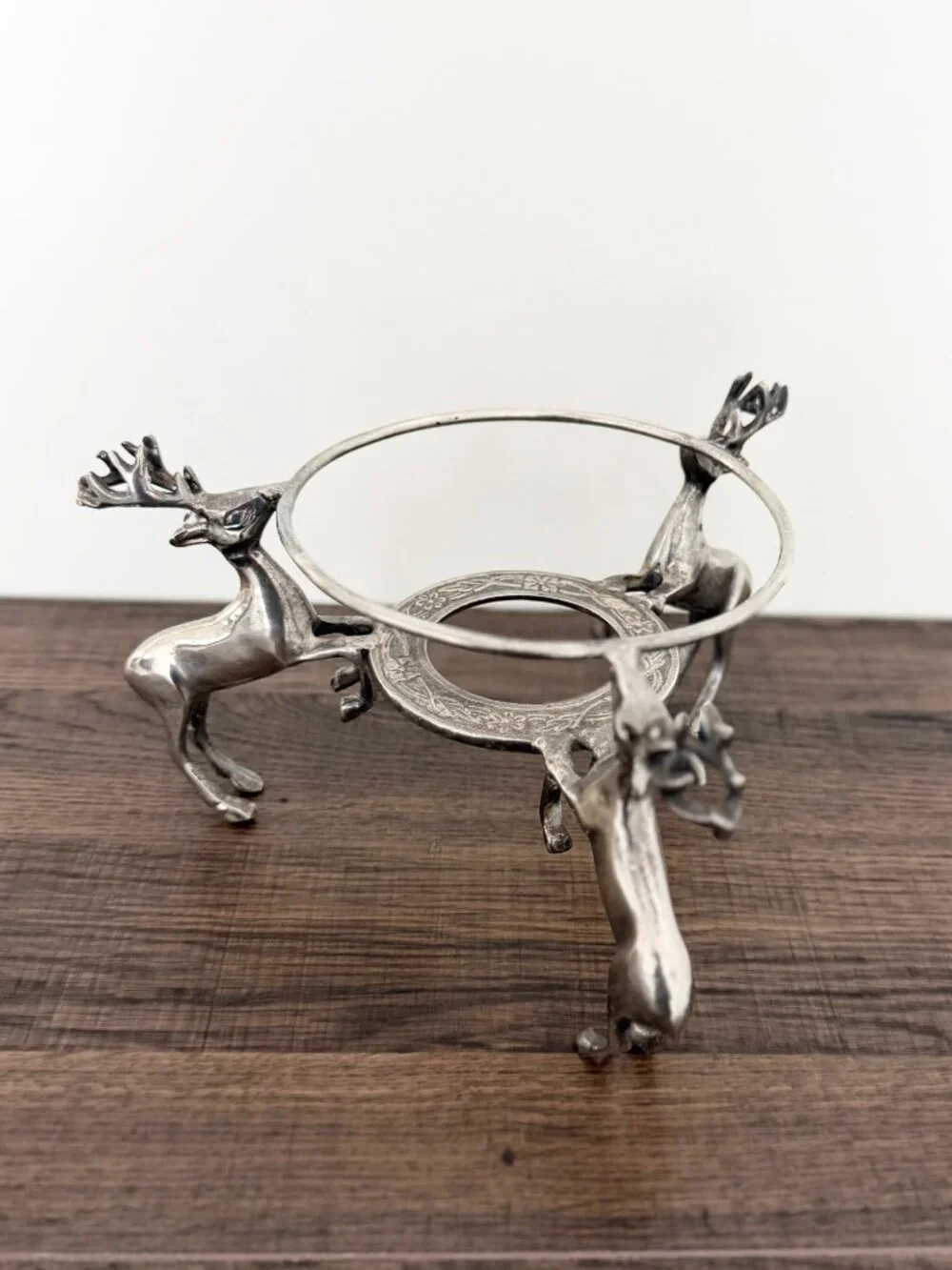 Vintage Silver Tone Reindeer Stag Plant Bowl Candle Holder Christmas Centerpiece